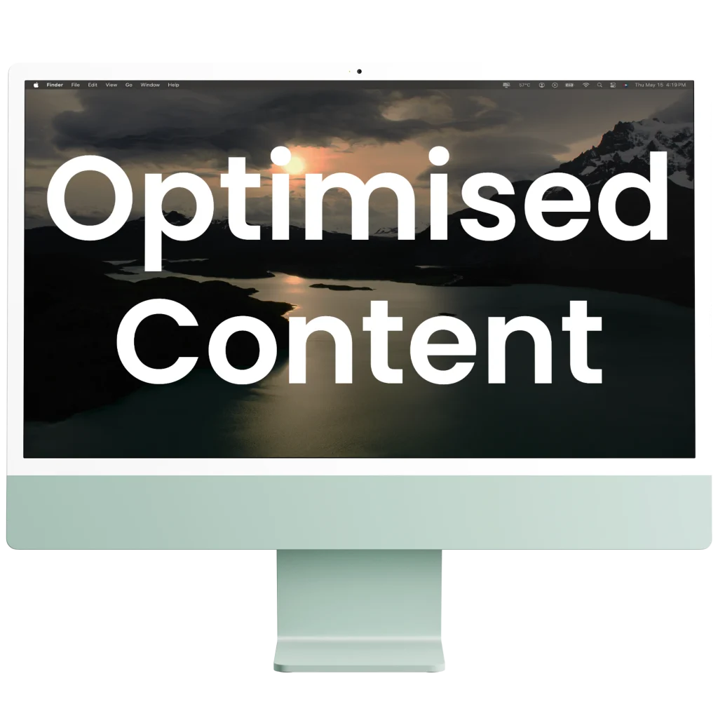 iMac screen displaying 'Optimised Content' against a scenic landscape background