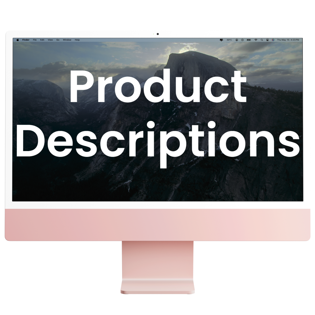 Computer screen displaying the text Product Descriptions over a mountain landscape background