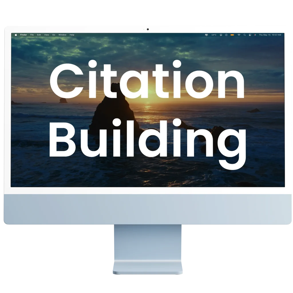 Computer screen displaying 'Citation Building' over a scenic sunset ocean view