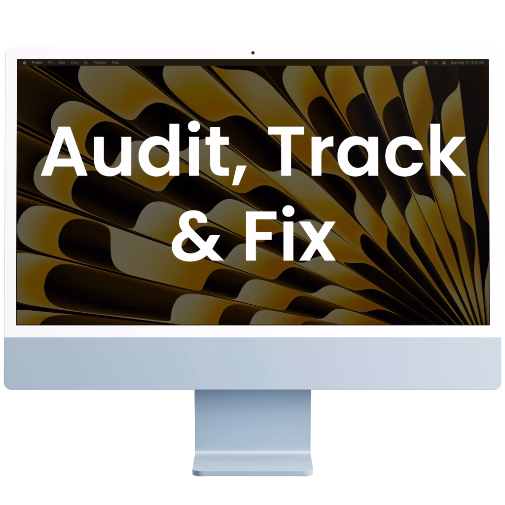iMac displaying text Audit, Track, & Fix on a geometric patterned background