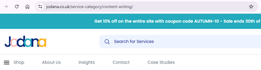 Jodana website header with search bar and navigation menu for services, offering 10% discount with coupon code AUTUMN-10